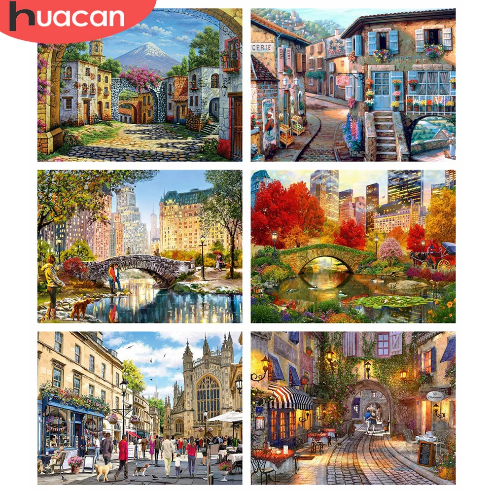 HUACAN Полный Круглый пейзаж Алмазная мозаика улица дом мост вышивка крестиком