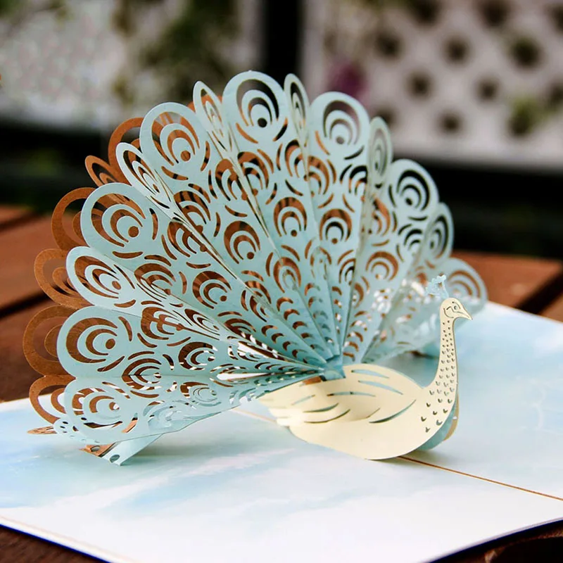  Bronzing Cover 3D Greeting Card Handmade Paper-cut PeacockTail Bloom Greeting Card Wedding Birthday - 4.00017E+12