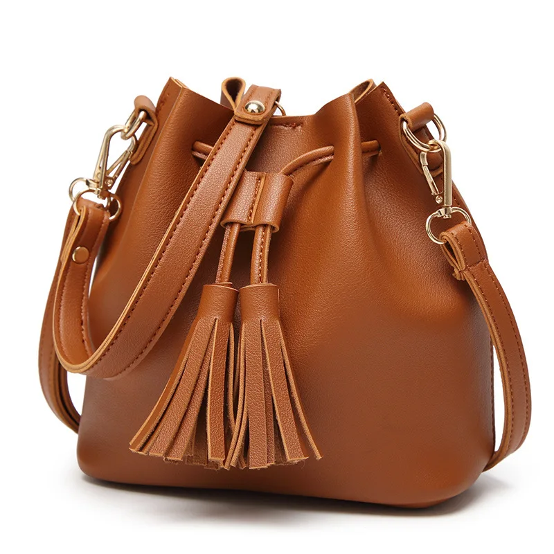 

Women Leather Bucket Bag Handbag Tassel Drawstring Shoulder Bag Messenger Crossbody Bags