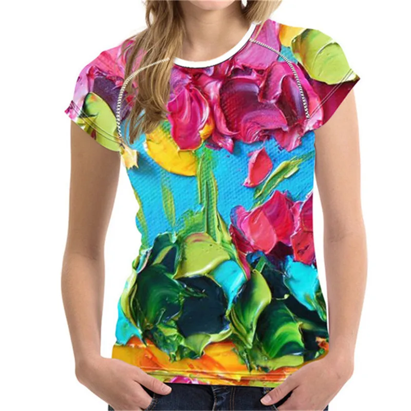 FORUDESIGNS футболка с цветочным рисунком, 3D Рисунок маслом, футболки для женщин, футболки для девочек, эластичные дышащие футболки, повседневная футболка женска