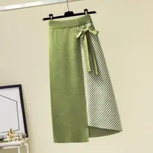 Осенняя женская вязаная юбка, модная зимняя юбка средней длины с бантиком, юбка-посылка в полоску