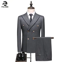 FOLOBE 2021 New High Quality Gentleman Men'S Striped Double-Breasted Suit Three-Piece Wedding Party Men'S Elegant Luxury Suit
