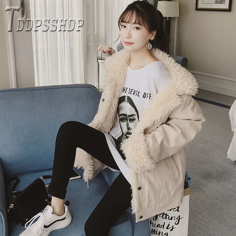 Casual Fur Collar Women's Jackets Single Breasted Lining With Fluff Parkas Female Outwear