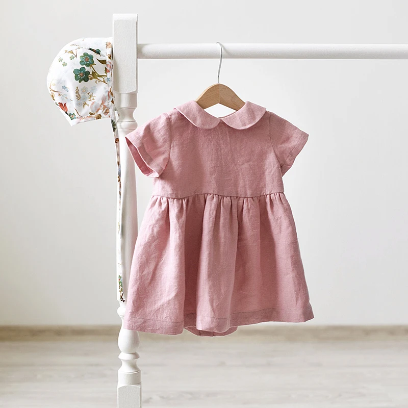 Children Linen Doll Collar Baby Princess Dress Girls Clothing Spring And Summer Short-Sleeve Dress TZ01