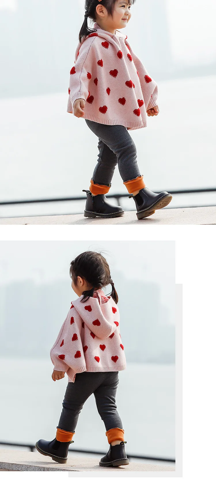 1-4Years Girl Sweater Coat Winter Jacquard Small Love Figure Hooded Cute Girl Knitted Outerwear Kids Warm Cloak Coat