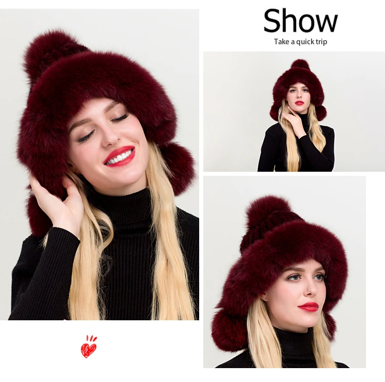 ZDFURS* женская зимняя вязаная норковая меховая шапка с ушками из лисьего меха, помпоны, шапки-ушанки, Русская Шапка-ушанка, Снежная ловушка для катания на лыжах