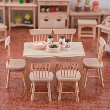 

1:12 Dollhouse Miniature DIY Unpainted Dining Table 4 Chairs Model Decoration