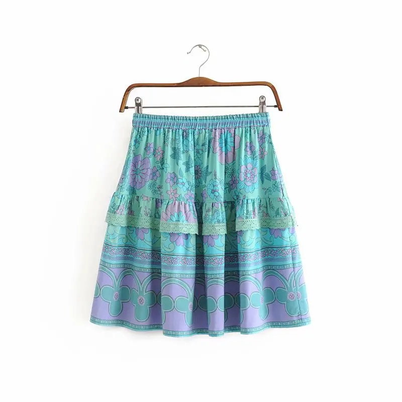 BOHO сексуальные юбки с кисточками на шнуровке с кружевным украшением юбка с регулируемой талией из вискозы с принтом Летняя мини юбка Повседневная jupe femme KNOYEER
