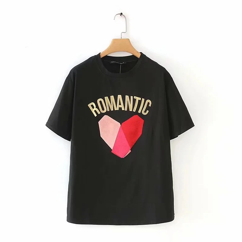 

Black T Shirt Women Clothes Heart Print Clothes Summer 2019 Cute Cartton Beach Streetwear Cotton Tee Regular tops Graphic Shirt