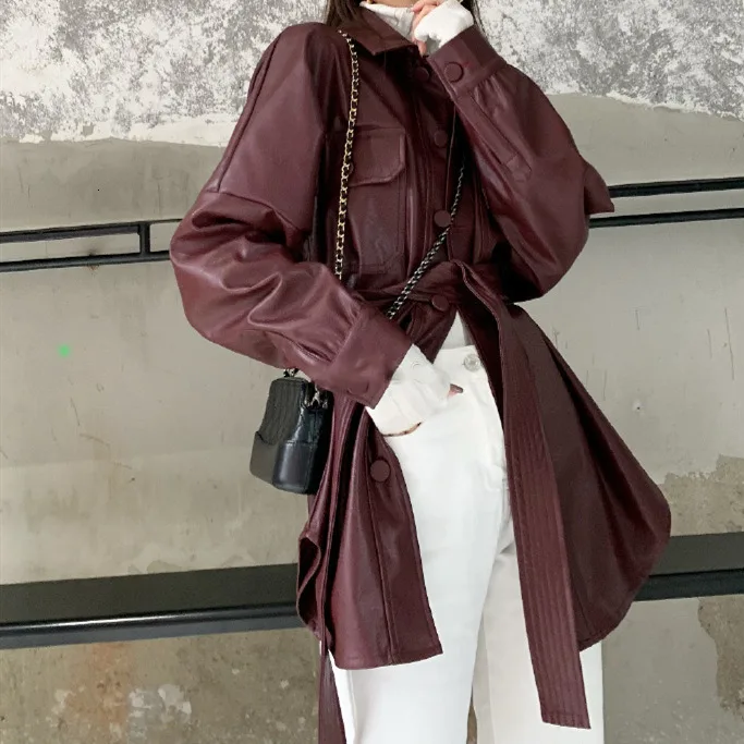 SHENGPALAE New Fashion Autumn Solid Loose With Belt Slim Jacket Women Single Breasted Pocket Korean Version PU Coat FT929 - Цвет: red