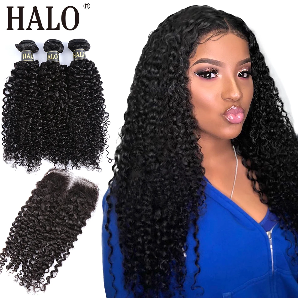 

Halo Hair Kinky Curly Bundles With Closure Brazilian M Remy Human Hair 3/4 Bundles With Lace Closure Hair Extension