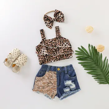 

2020 Newest Sumemr 2Pcs Kids Clotehs Set Baby Girl Clothes Sleeveless Vest Tops Dress Denim Shorts Leopard Print Girls Outfit