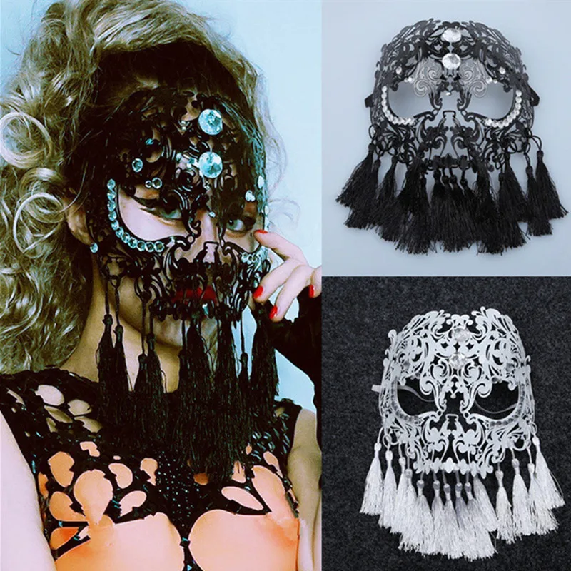 

Bar Nightclub Halloween Party Mask Black White Crystals Tassels Hollow Masks Accessories Women Singer Dancer Performance Prop