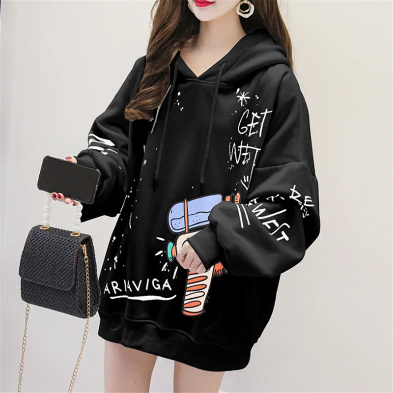 Lychee Harajuku Свободные повседневные женские флисовые толстовки пуловеры граффити Женская толстовка с капюшоном осенние женские флисовые толстовки