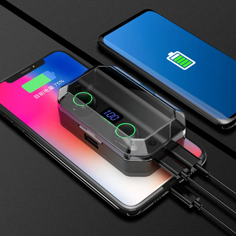5,0 Bluetooth беспроводные наушники 6D стерео IPX7 водонепроницаемые наушники с двойным микрофоном шумоизоляция и 7000 мАч зарядный чехол