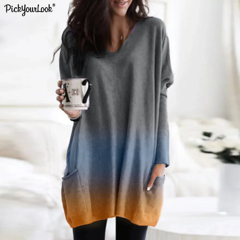 

Autumn women tops V-neck loose gradient casual long-sleeved top Contrast design Knitted Patchwork Pocket cotton tops D30