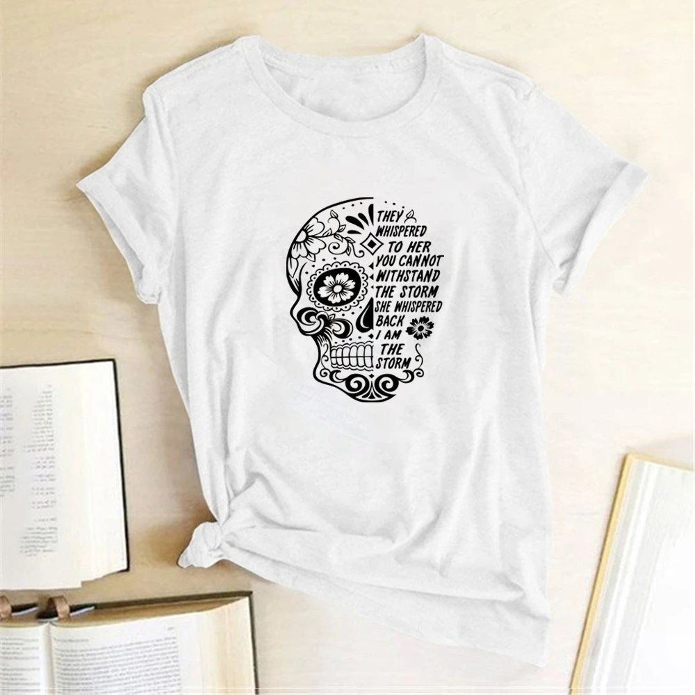 FREE SHIPPING They Whispered To Her Skull Flowers Printing T-shirts JKP47