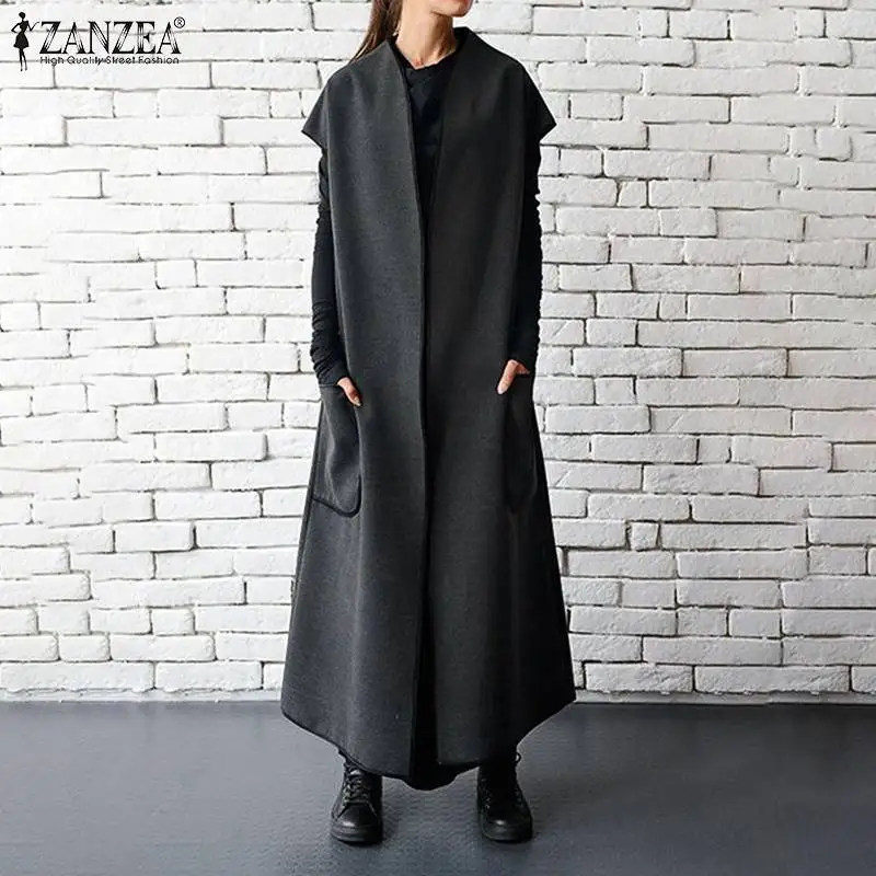 ZANZEA осенне-зимние женские жилеты куртки без рукавов с поясом тонкое пальто с карманами Длинные Макси куртки размера плюс