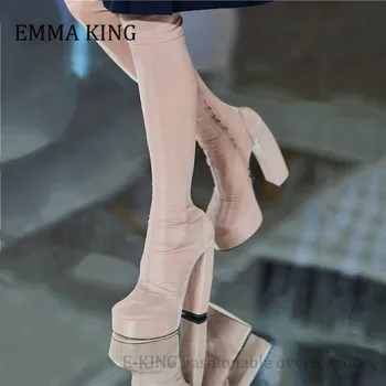 

2020 Runway Stretch Leather Over The Knee Boots Pointed Toe Chunky High Heel Women Botas Mujer Autumn Winter Evening Shoes Women