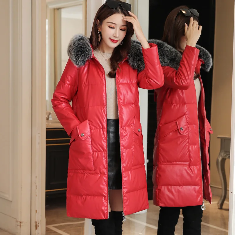 

Mid-length PU Leather down Jacket Cotton-padded Clothes Women's 2019 Winter Korean-style Really Fox Fur Collar Slimming Thick Le