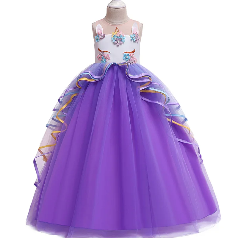 Длинное платье с единорогом Детские платья с повязкой на голову для девочек; детское платье принцессы для девочек вечерние платья для свадьбы Vestidos; Возраст 14, 10, 12 лет