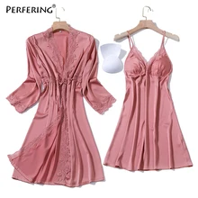 Perfering Мода 2/шт женский халат из искусственного шелка, набор платьев, Горячие Зимние сексуальные ночные рубашки, женское платье для сна, женские пижамы, Халат