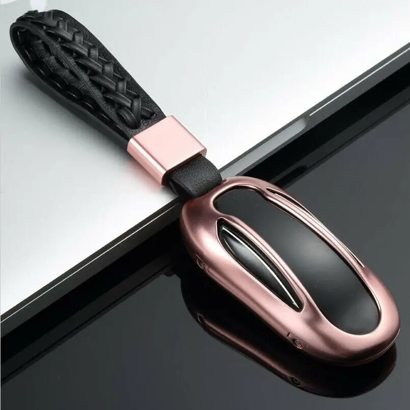 Rose Gold 1 шт. алюминиевый сплав автомобиля дистанционного ключа чехол с натуральной кожи брелок для Tesla модель X - Название цвета: Rose Gold