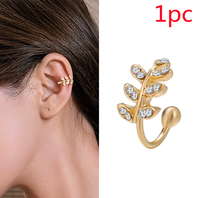 Sparkling Zircon Butterfly Leaf Gold Plated Metal Ear Cuff Women Fashion Non Piercing Clip Earrings Girl Party Jewelry