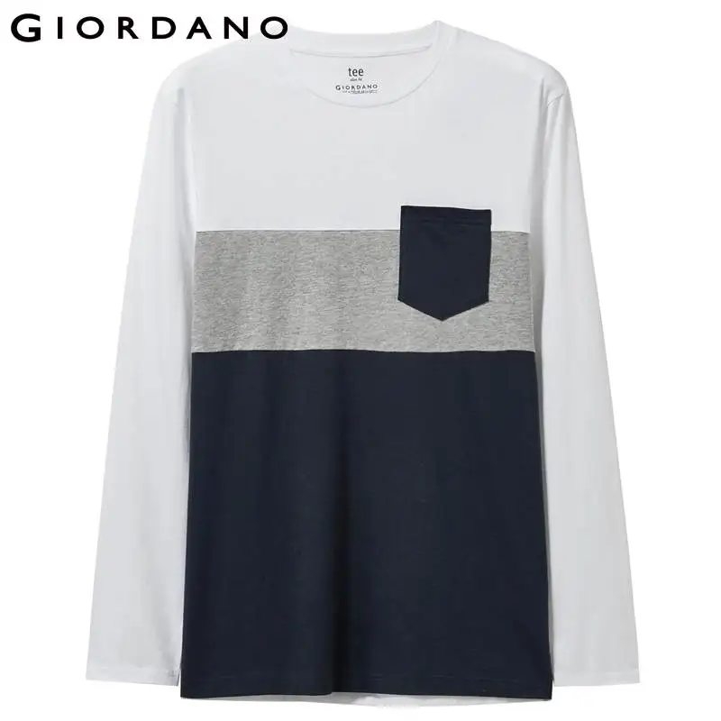 Giordano Мужская футболка с контрастным накладным карманом Мужская футболка с длинными рукавами Homme хлопок Camiseta Hombre 01029792
