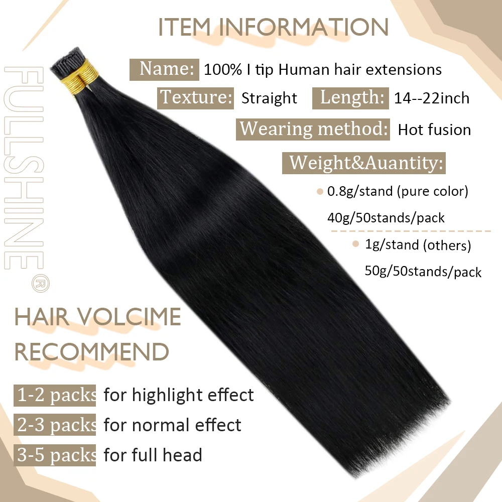 Full Shine I Tip Hair Extensions Pure Color 40 Grams Keratin Micro Bead Machine Remy Pre Bonded Soft Straight Hair For Women