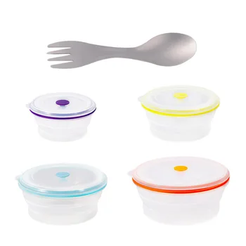 

4 Pcs Round Silicone Folding Fresh Box Folding Bowl Microwave Lunch Box & 1Pcs Pure Titanium Outdoor Camping Picnic Hiking Cookw