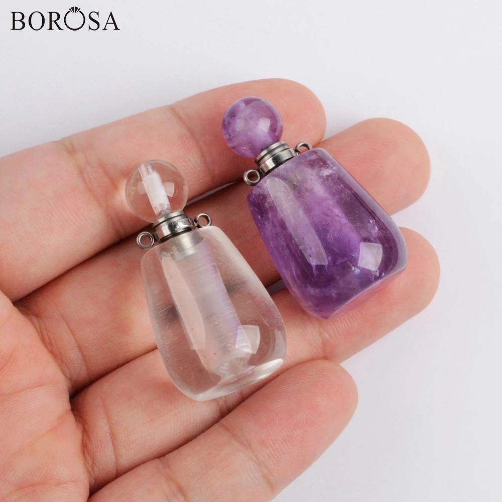 BOROSA 3 шт. Серебряный натуральный драгоценный камень подвески флаконы духов белый кварц флюорит Бутылочки для эфирных масел женские ювелирные изделия WX1193
