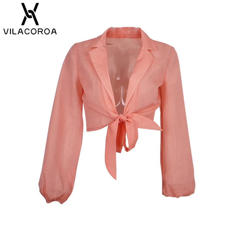 Сексуальный V прозрачный Элегантный Бант Корейская одежда для женщин розовый нагрудный пояс с длинным рукавом Женские топы Осенняя мода уличный женский топ