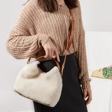 Модная сумка на плечо из овечьей шерсти и натуральной кожи, зимняя теплая Элегантная Дамская сумка, женские повседневные сумки через плечо, Bolsa DF435