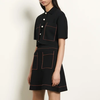 

French Department New Knit Beaded Two-piece Open Thread Loose Baby Top + Pearl Buckle A-Line Skirt