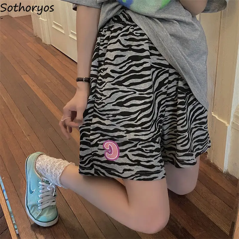 

Women Shorts Zebra Stripes Wide Leg Leisure Fashionable Hipsters High Street Teens Embroidery Chic Harajuku Retro Lovely Sweet