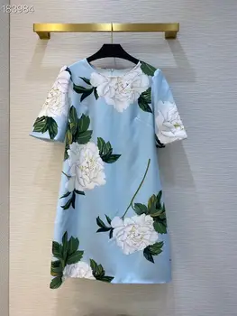 

Autumn Women Dress 2020 casual Fashion Floral Print Streetwear O-Neck Short Sleeves A-Line Dresses Blue dress ladies clothes
