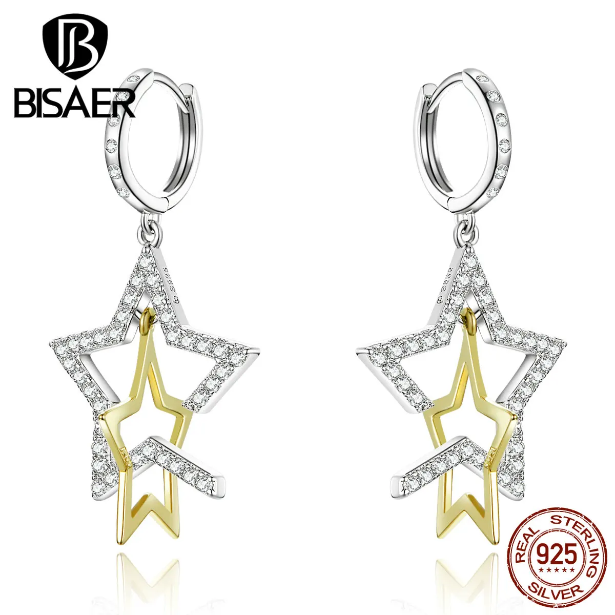 Сияющая Звезда BISAER, 925 пробы, серебряные, штабелируемые серьги в виде звезды для женщин, кубические, модные циркониевые серьги, серебряные ювелирные изделия EFE231