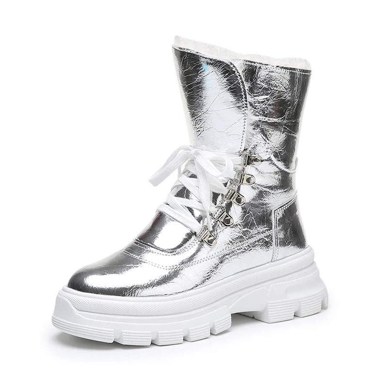Rimocy/женские зимние ботинки на платформе; водонепроницаемые зимние армейские ботинки с плюшевой подкладкой; женская теплая обувь на шнуровке; Цвет серебристый, черный; botas mujer