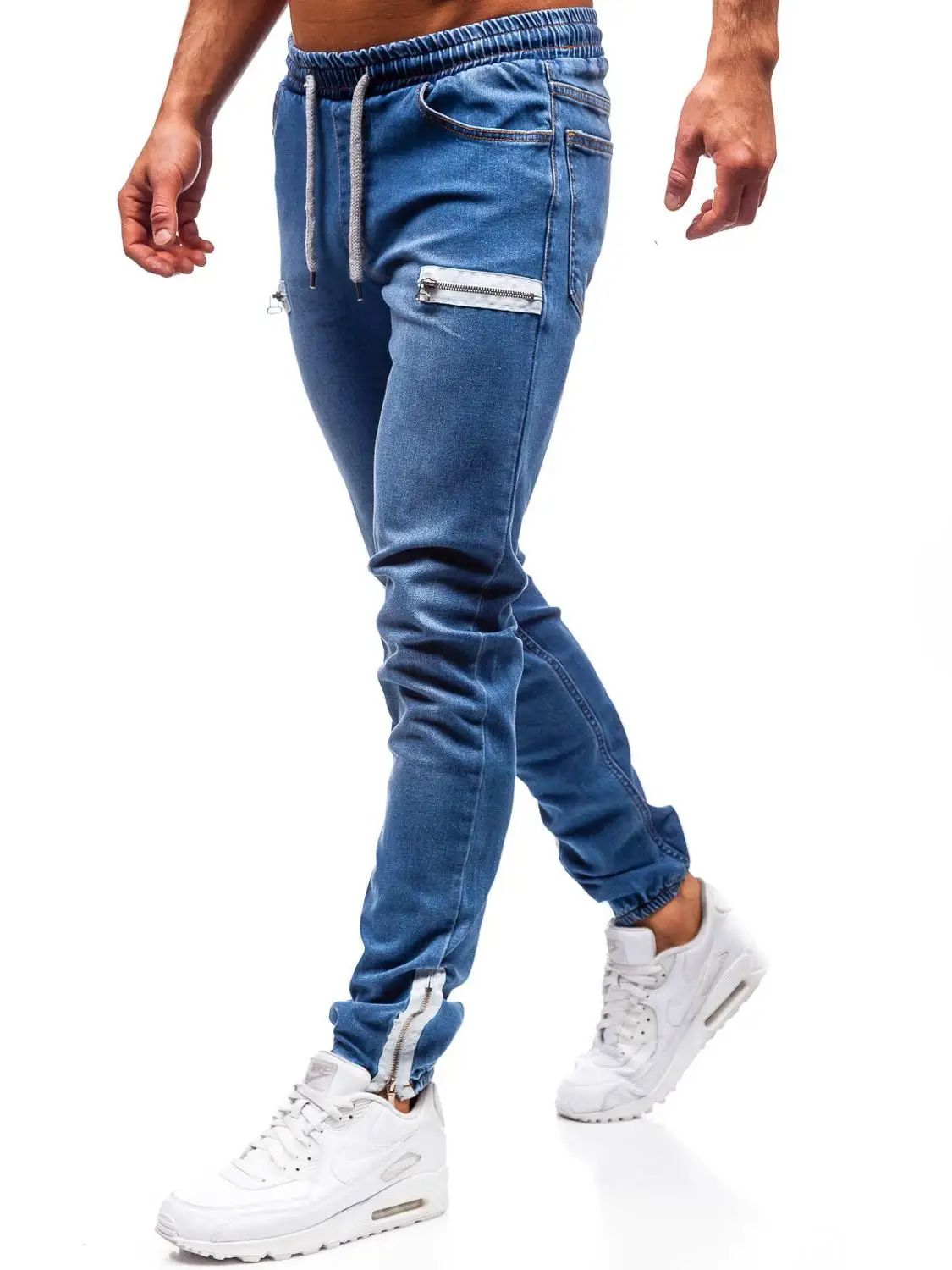 Мужские классические джинсы, узкие брюки на молнии, спортивные джинсы, повседневные эластичные штаны, джинсы для бега высокого качества - Цвет: Dark blue