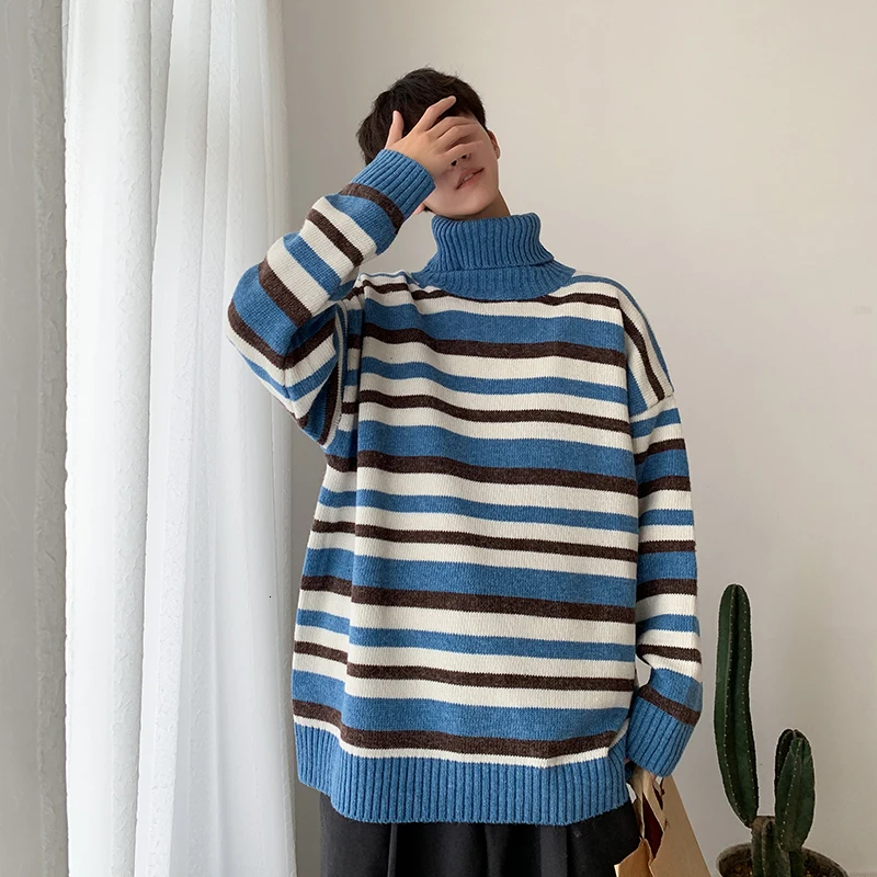 Winter High Collar Sweater Men Warm Fashion Sweter Contrast Color Casual Striped Knit Sweaters Man Long Sleeve Pullover Men Winter High Collar Sweater Men Warm Fashion Sweter Contrast Color Casual Striped Knit Sweaters Man Long Sleeve Pullover Men