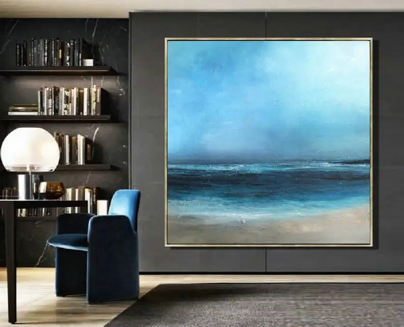 

Sea Level Blue Oil Painting,Large Wall Art Light Blue Sky Oil Painting,Sky Landscape painting,Large Ocean Canvas Oil Painting