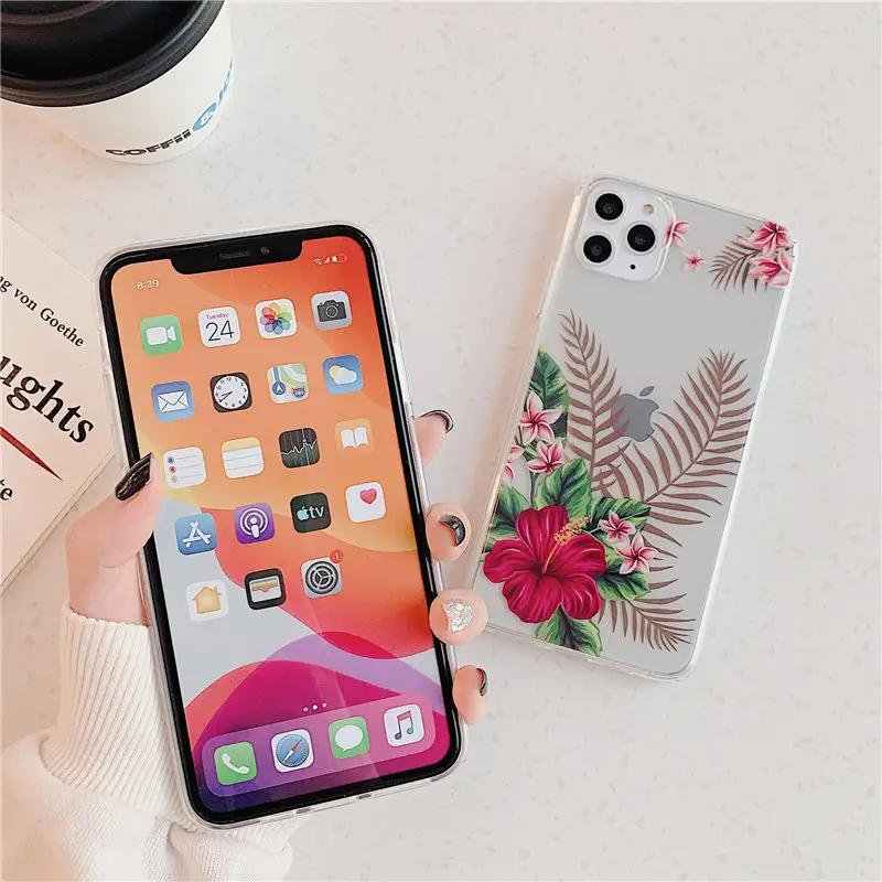 Корпус телефона с гальваническим покрытием для iPhone 11 11Pro Max XR XS Max X 8 7 Plus Простой ТПУ Мягкий цветок листья защитный чехол против пыли