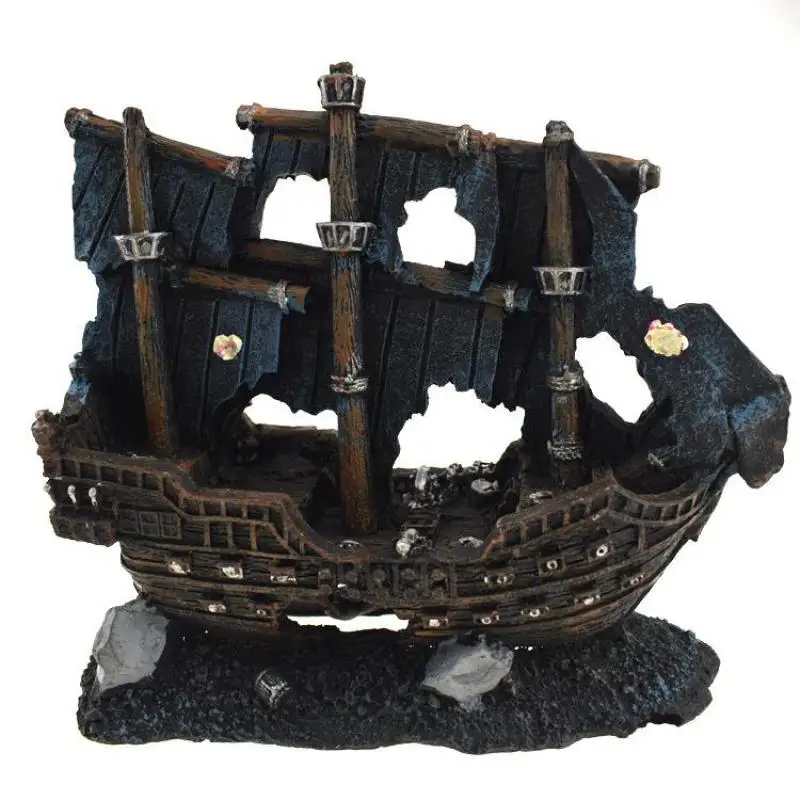 

Resin Artificial Aquarium Sunk Boat Decoration Fish Tank Damaged Ship Ornament Aquarium Fish Shrimp Cave Stone Rock Decor