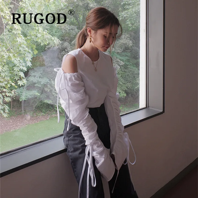 RUGOD Korean New Style Chic Vintage Off Shoulder Pleated Blouse O-neck Lace Up White Shirt Kpop Clothes Fashion