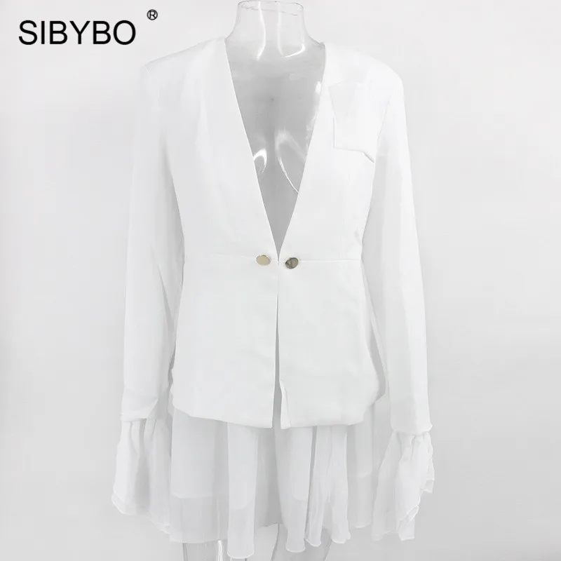 SIBYBO, с расклешенными рукавами, в сеточку, сексуальный комплект из двух предметов, для женщин, с глубоким v-образным вырезом, с оборками, Женский блейзер и юбка, комплект, элегантный, для вечеринки, Женский комплект