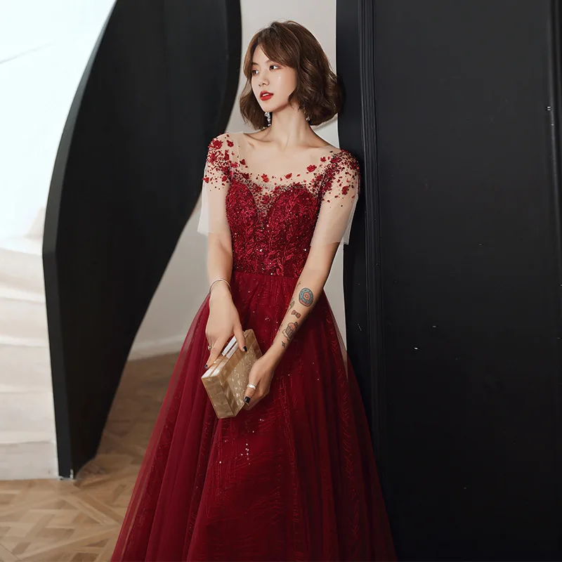 SSYFashion New Elegant Banquet Wine Red Evening Dress for Women Lace Appliques Beading Long Prom  Formal Gown Vestidos De Noche maternity evening dresses