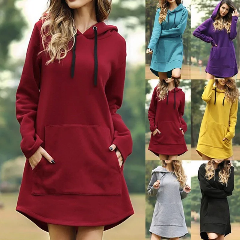 

2020 Autumn Solid Color Women's Clothing Mid-Length Hoodies Long-Sleeve Female Dress Streetwear Casual Lady Large Size Pullovers