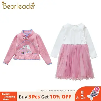 

Bear Leader Kids Girls Autumn Chinese Style Outfits 2PCS Floral Embroidery Tops and Mesh Dress Suits Princess Patchwork Clothes
