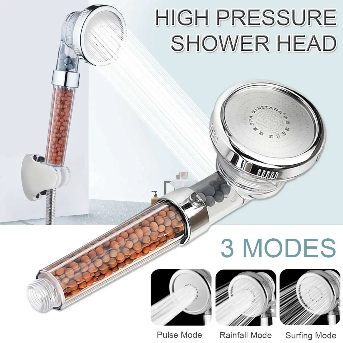 3 Mode High Pressure Ceramic Ionic Stone Handheld Adjustable Shower Head 